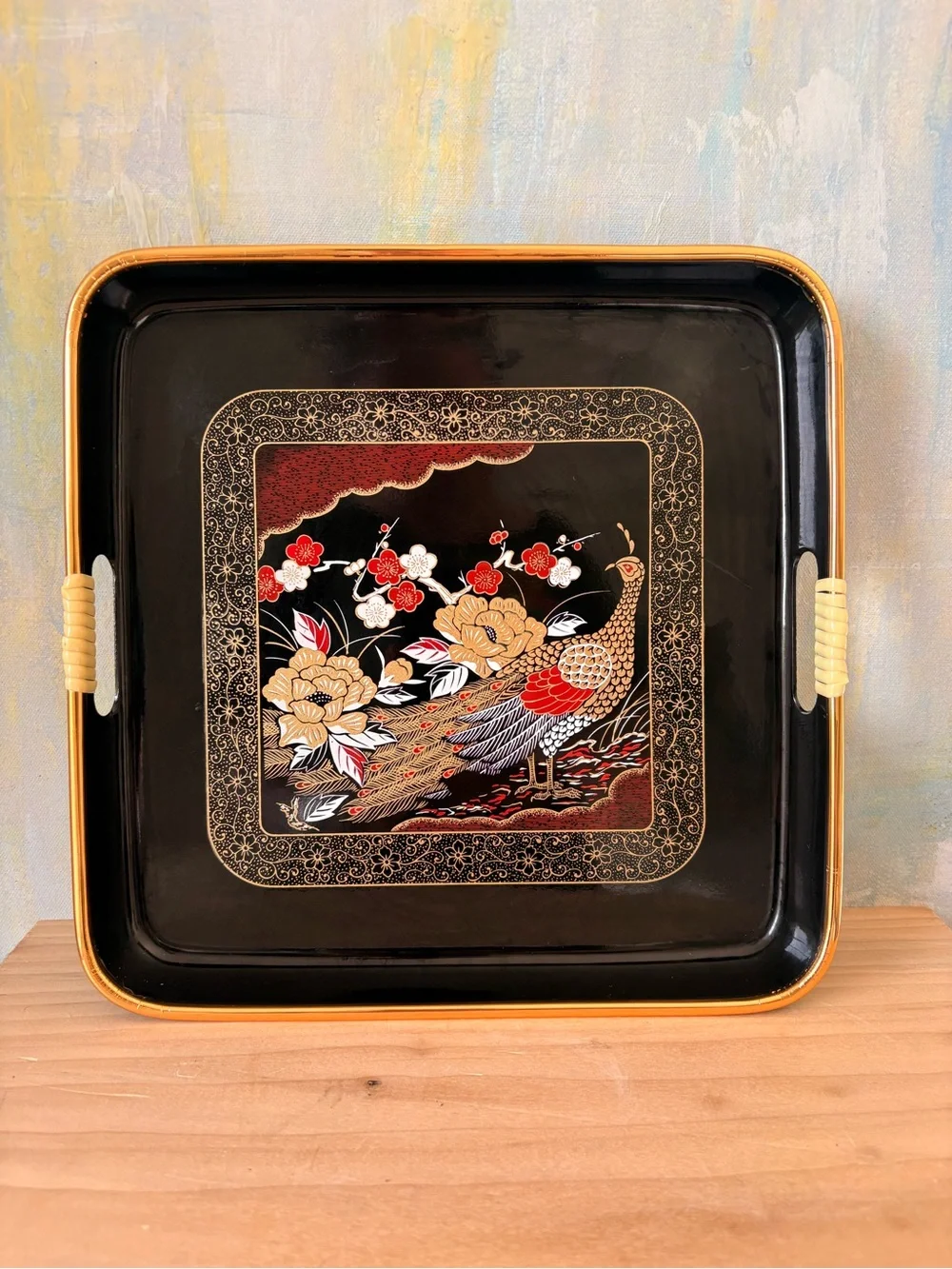 Vintage 1980s Lacquerware-Style Black and Red Floral Peacock Vanity Trays